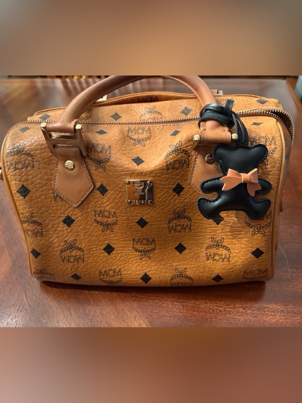 Authentic MCM Cognac Boston Bag with Bear Charm